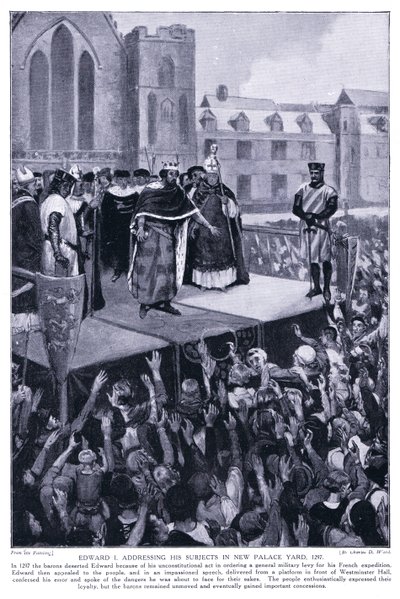 Eduardo I dirigiéndose a sus súbditos en el nuevo patio del palacio AD1297 de Charles Daniel Ward